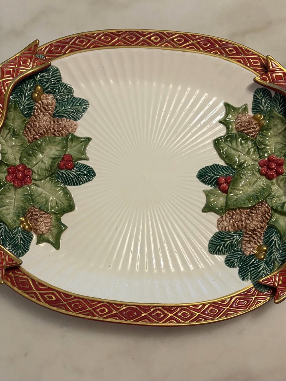 Fitz & Floyd Christmas Rose 1999 Large Oval Serving Platter Tray Handles